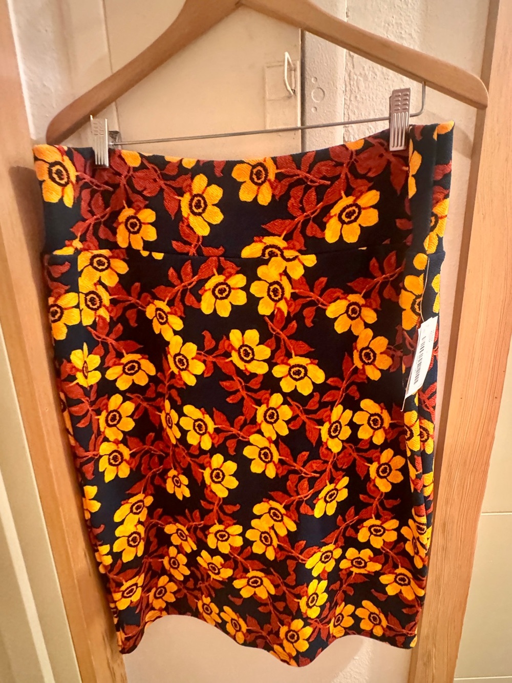 LuLaRoe Black Pencil Skirt with Yellow & Orange Floral Embroidery